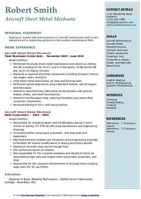 aircraft sheet metal mechanic resume|Aircraft Sheet Metal Mechanic Resume Samples .